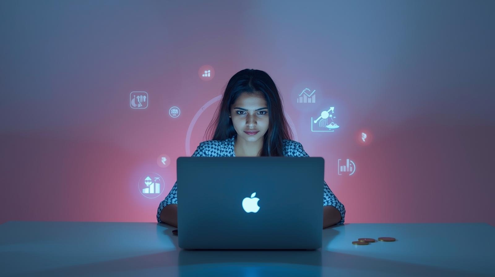 unlock passive income in india free ai tools 2025 – young Indian working on laptop with AI icons and rupee coins